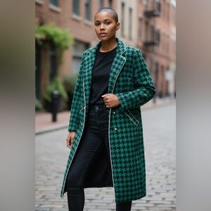 Stylish Green Houndstooth Women's Coat